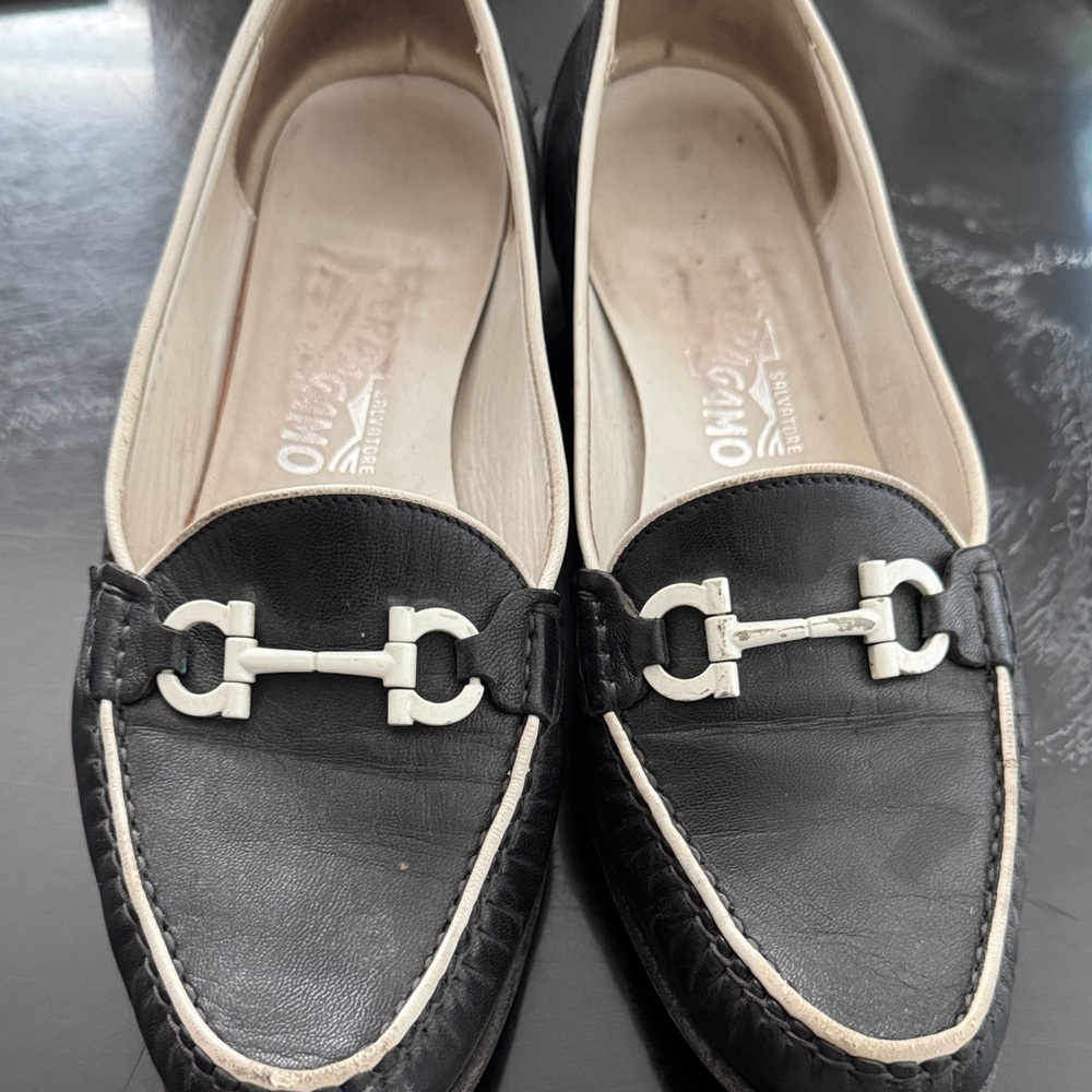 Salvatore Ferragamo Black and White Leather Loafers